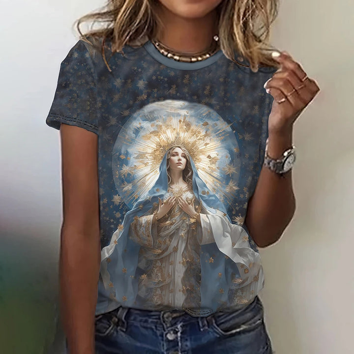 New Jesus Retro Virgin Mary 3D Print T-Shirts - Women's Casual Short Sleeve T Shirt