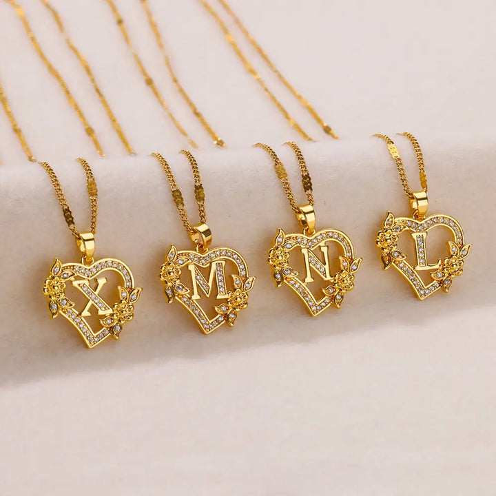 FREE - Valentines Gold & Jewels Initial Heart Flower Necklaces for Women, Daughters, Sisters, Girls, Friends