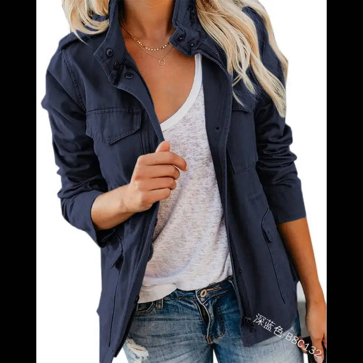 Women's Slim Fit Streetwear Jacket – Cotton Zip-Up with Spliced Snap Pockets, Turn-Down Collar