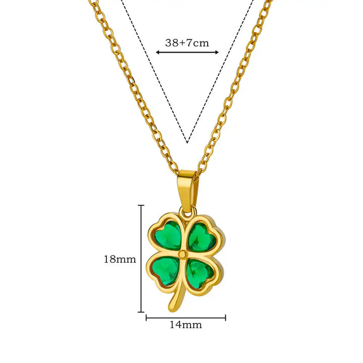 Women or Girls, Gold Four-Leaf Clover Pendant Necklace made of Stainless Steel and Zircon Stone