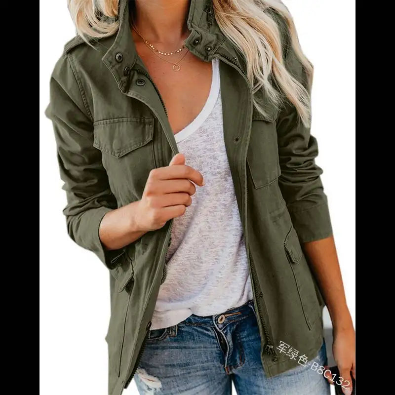 Women's Slim Fit Streetwear Jacket – Cotton Zip-Up with Spliced Snap Pockets, Turn-Down Collar