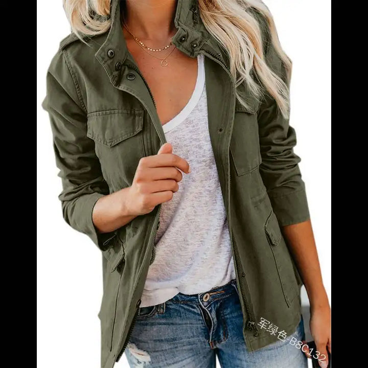 Women's Slim Fit Streetwear Jacket – Cotton Zip-Up with Spliced Snap Pockets, Turn-Down Collar