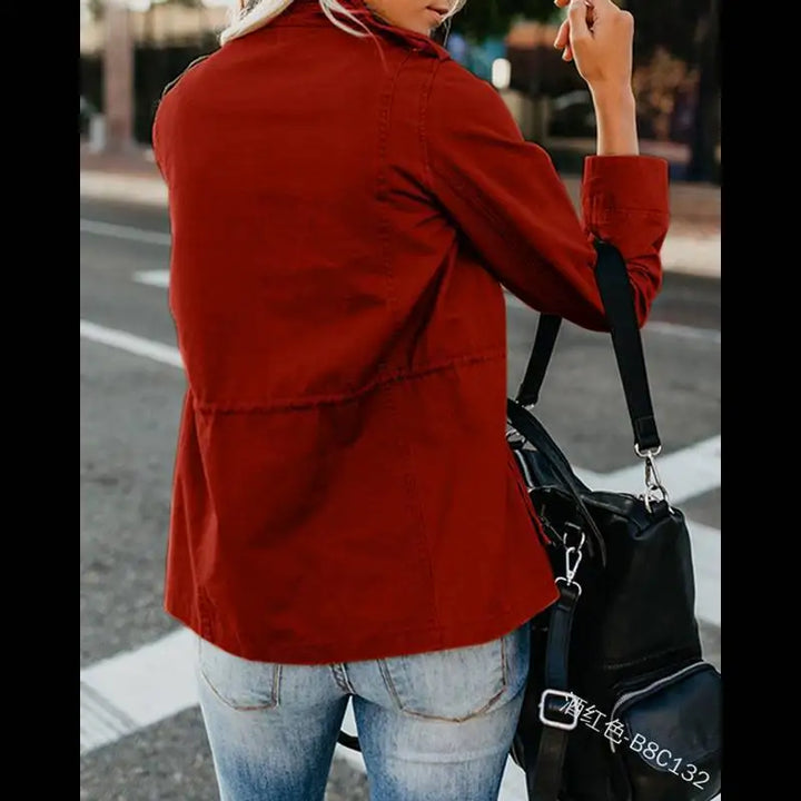 Women's Slim Fit Streetwear Jacket – Cotton Zip-Up with Spliced Snap Pockets, Turn-Down Collar