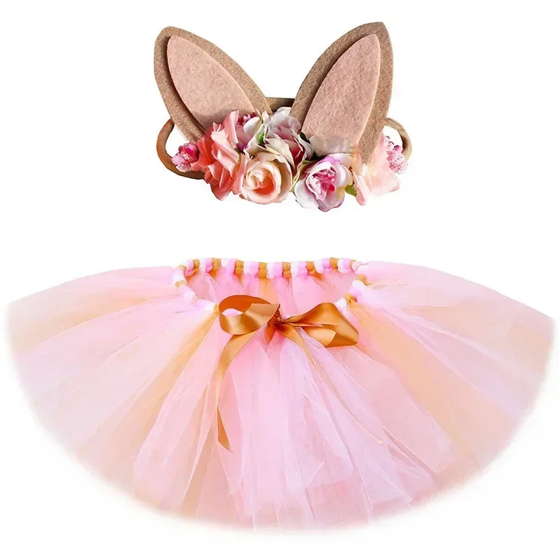 Girls Easter Bunny Costume Tutus with Floral Rabbit Ear Headband (12M to 11Y)