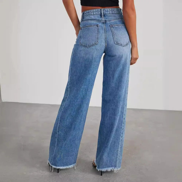 Women High Waist, Straight, Wide-Leg, Long, Casual Pants, Floor Length, Blue Denim Trousers