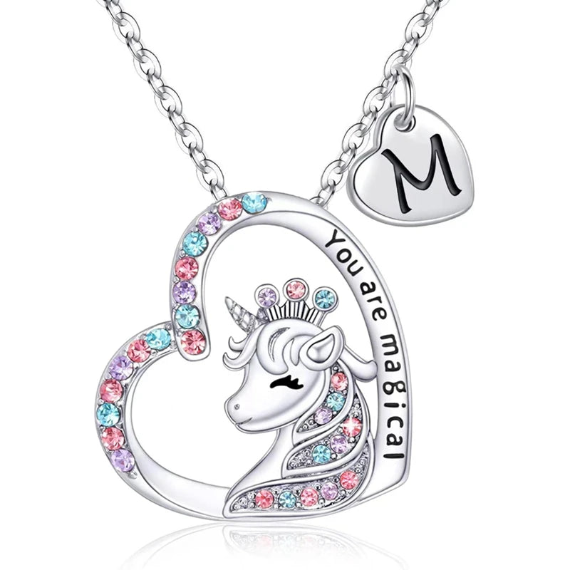 Girls Fashion Initial Letter Unicorn Necklace "You Are Magical" Unicorn Pendant