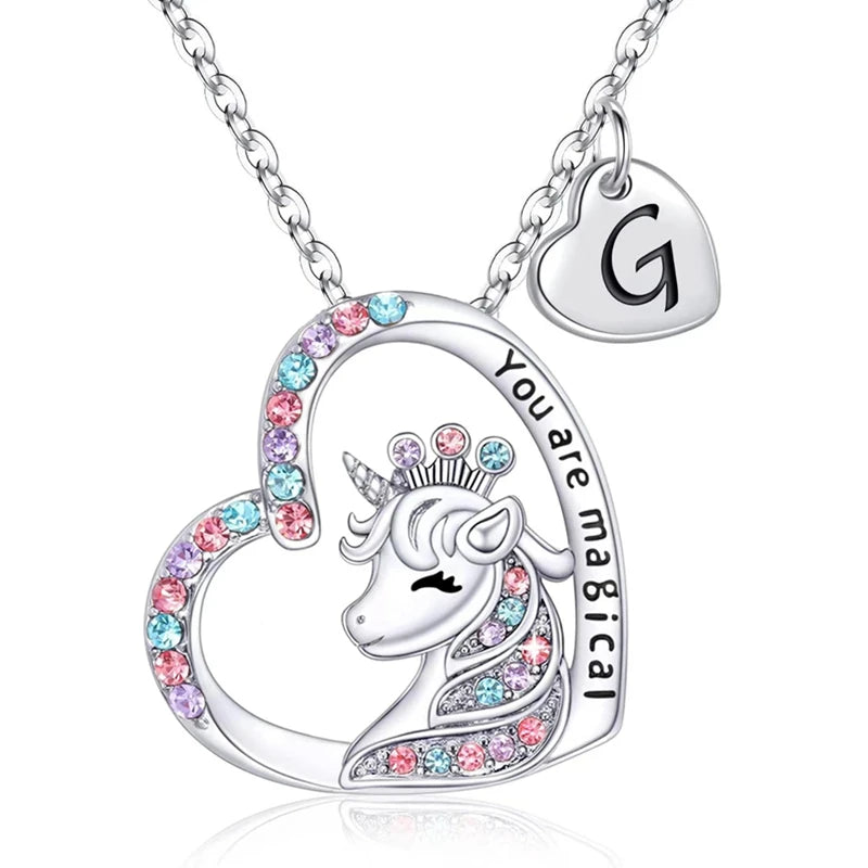 Girls Fashion Initial Letter Unicorn Necklace "You Are Magical" Unicorn Pendant