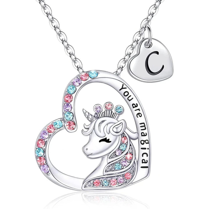 Girls Fashion Initial Letter Unicorn Necklace "You Are Magical" Unicorn Pendant