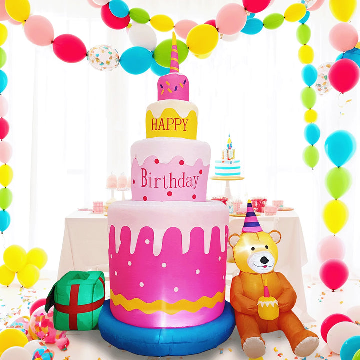 6FT Happy Birthday Inflatable Birthday Cake with Teddy Bear, Birthday Decorations Blow Up for Kids Happy Birthday Party Decor