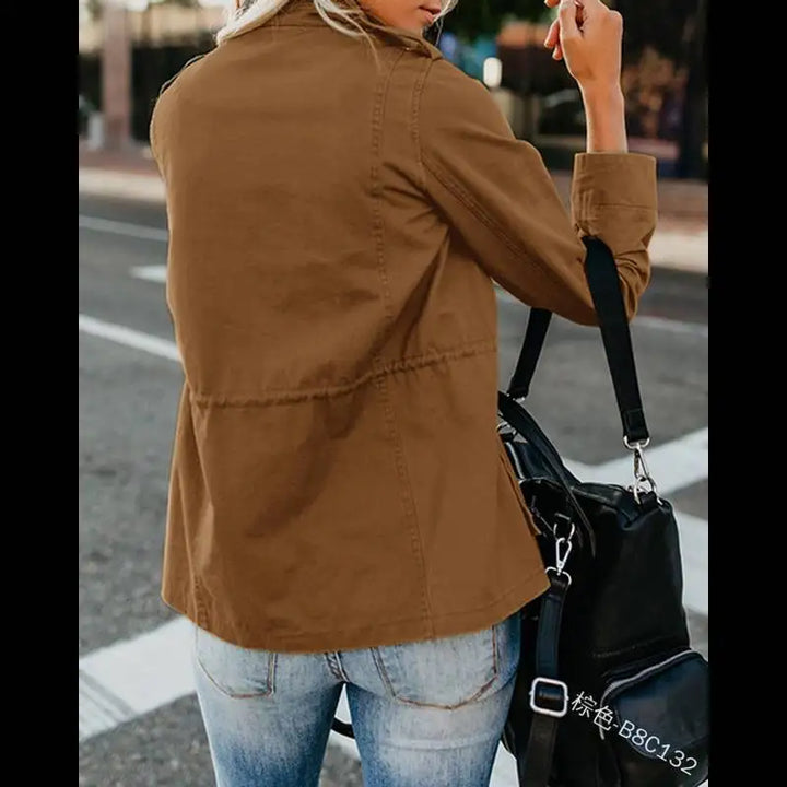 Women's Slim Fit Streetwear Jacket – Cotton Zip-Up with Spliced Snap Pockets, Turn-Down Collar