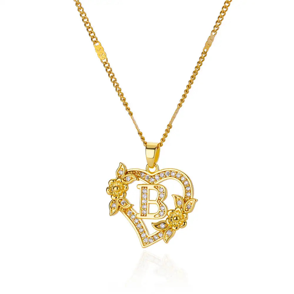 FREE - Valentines Gold & Jewels Initial Heart Flower Necklaces for Women, Daughters, Sisters, Girls, Friends