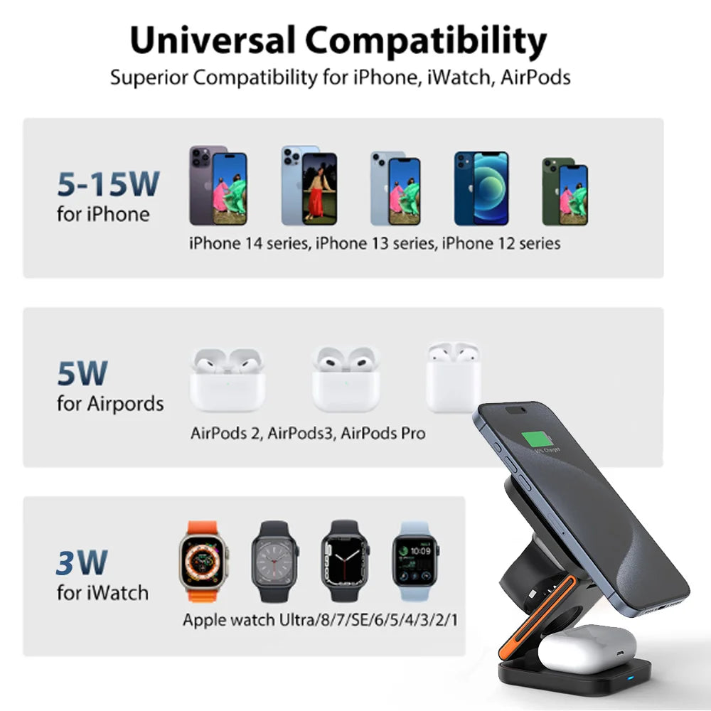 30W 3 in 1 Wireless Charger Phone Magnetic Foldable Wireless Charging Station for iPhone 16 15 14 13Pro Apple Watch 8 9 Airpods