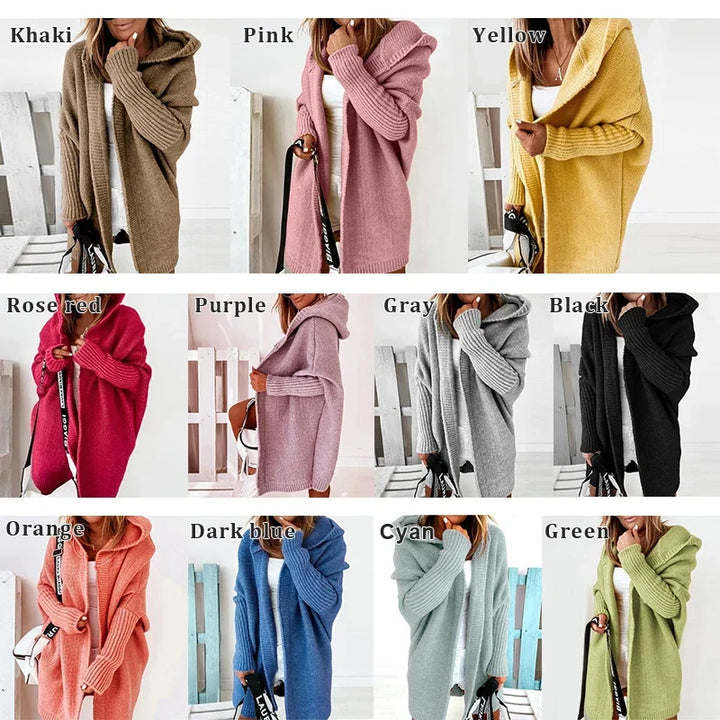 Women Sweaters, Mid-length Loose Batwing Sleeve Hooded Cardigan Soft Warm Sheep Wool for Autumn/Winnter (S-XL -11Colors)