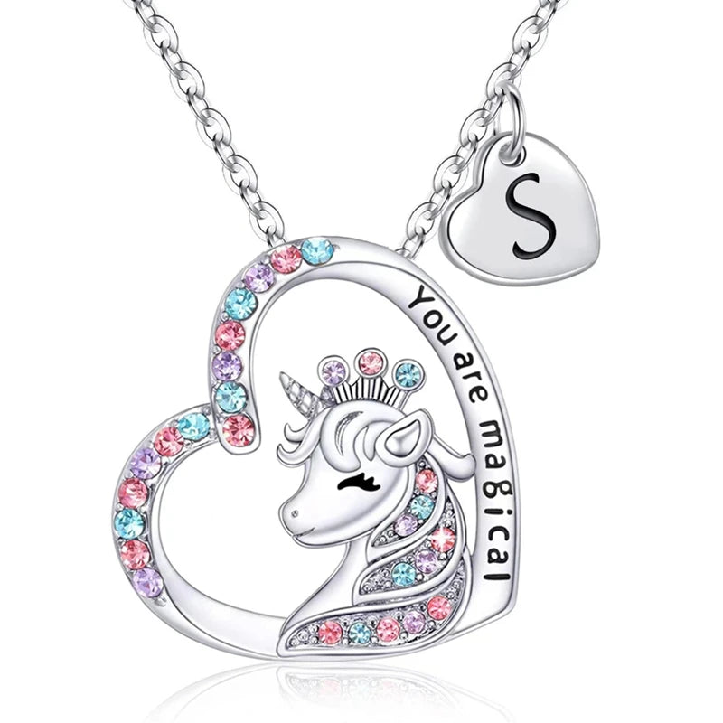 Girls Fashion Initial Letter Unicorn Necklace "You Are Magical" Unicorn Pendant