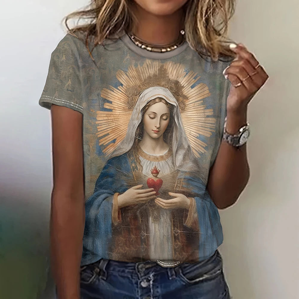 New Jesus Retro Virgin Mary 3D Print T-Shirts - Women's Casual Short Sleeve T Shirt