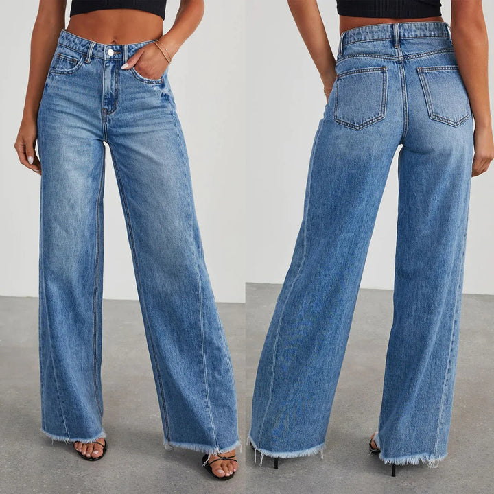 Women High Waist, Straight, Wide-Leg, Long, Casual Pants, Floor Length, Blue Denim Trousers