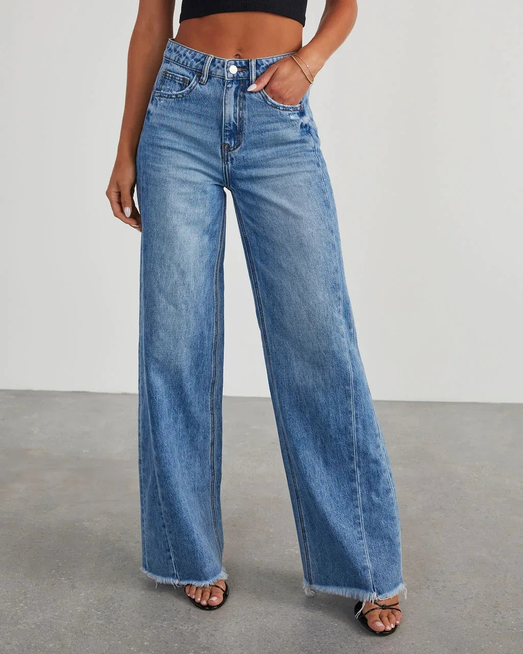 Women High Waist, Straight, Wide-Leg, Long, Casual Pants, Floor Length, Blue Denim Trousers