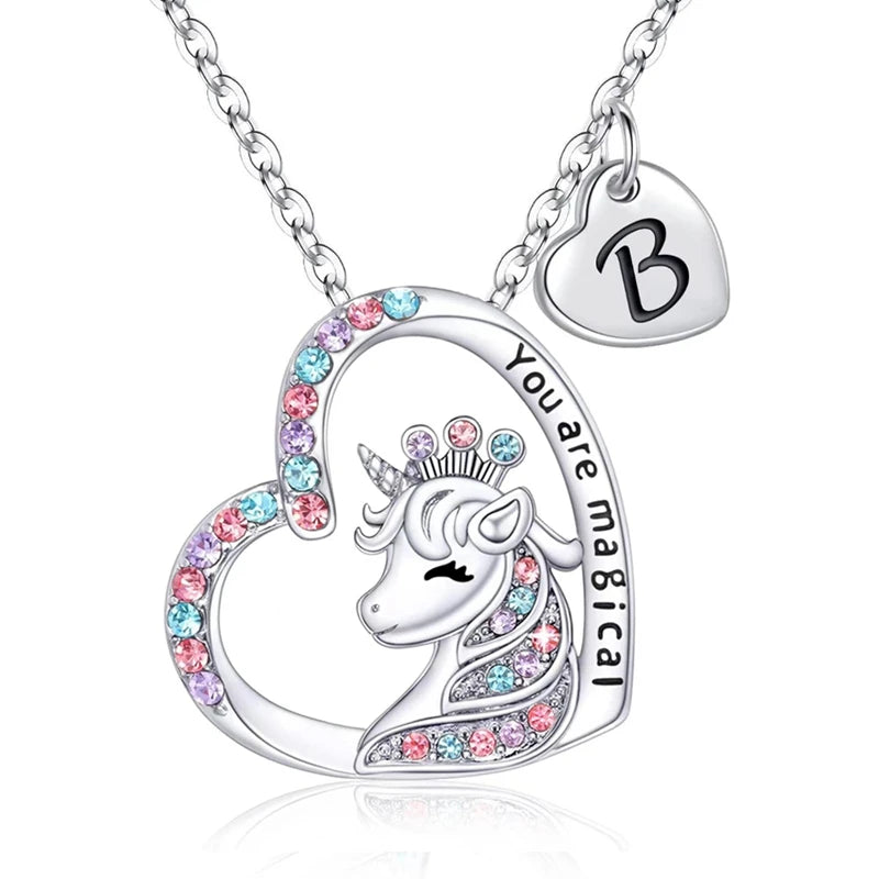 Girls Fashion Initial Letter Unicorn Necklace "You Are Magical" Unicorn Pendant