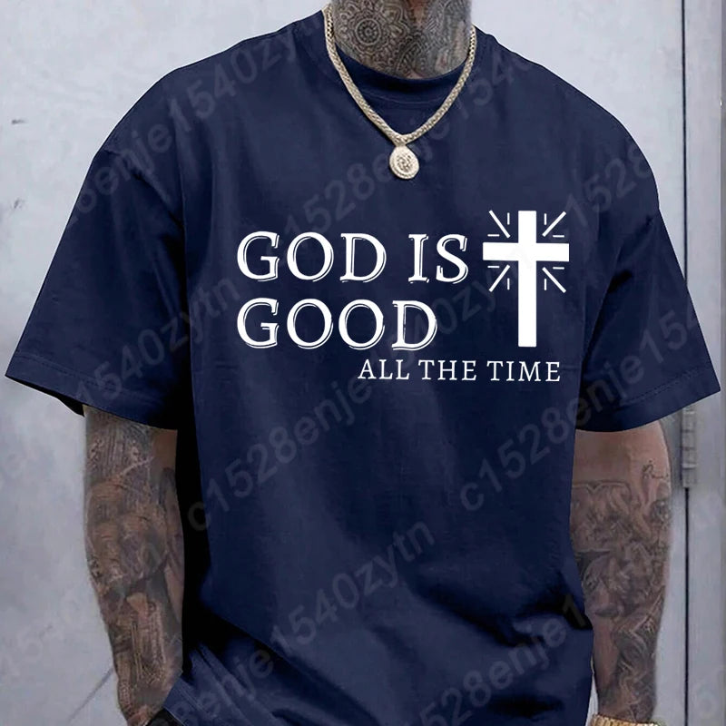 Men Casual Summer Cross & God Is Good All The Time - Graphic Printed Short Sleeve T-Shirt, Christian Quote Tees Tops