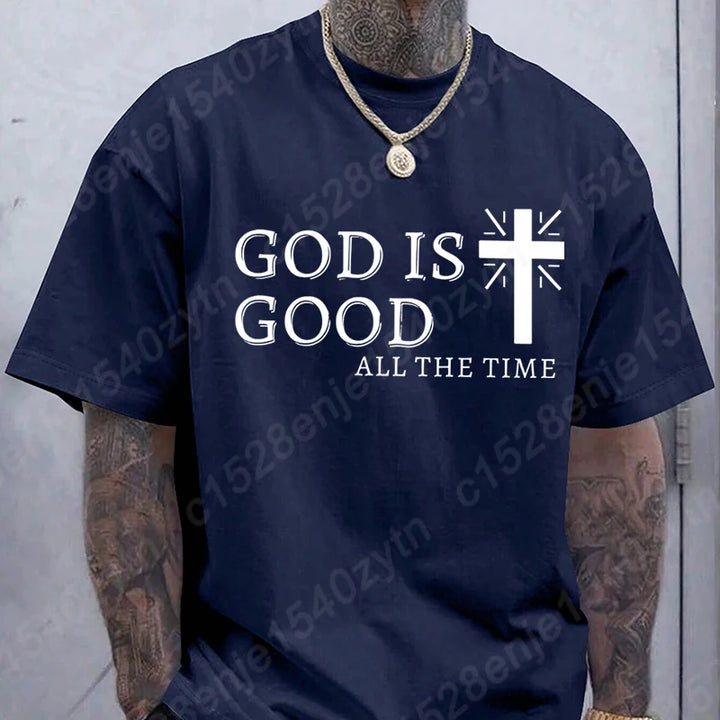 Men Casual Summer Cross & God Is Good All The Time - Graphic Printed Short Sleeve T-Shirt, Christian Quote Tees Tops