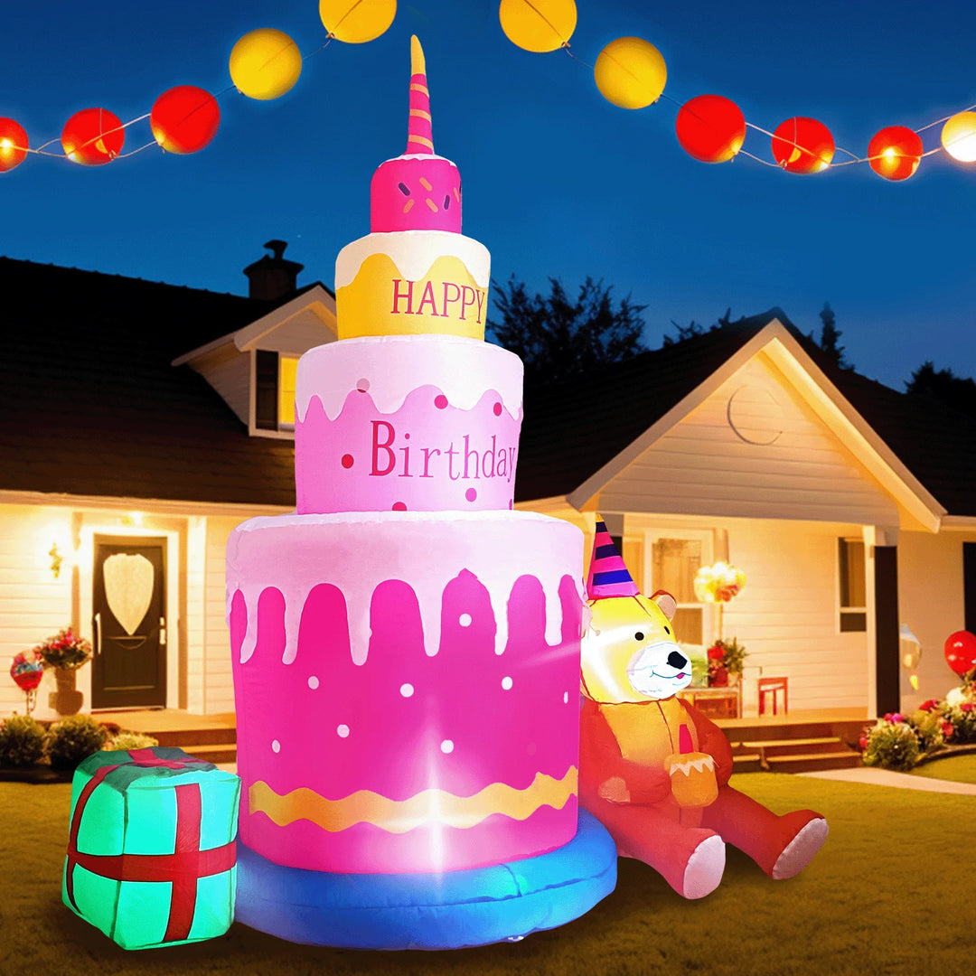 6FT Happy Birthday Inflatable Birthday Cake with Teddy Bear, Birthday Decorations Blow Up for Kids Happy Birthday Party Decor