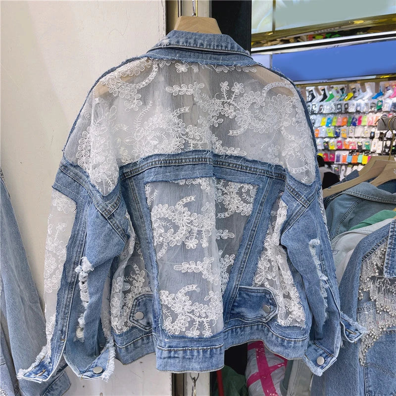 Summer Streetwear Embroidery Lace Patchwork Denim Jacket for Women with Frayed Tassels and Loose Fit (S - 3XL)