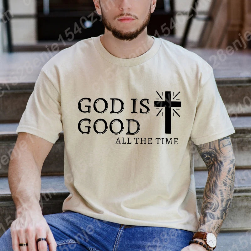 Men Casual Summer Cross & God Is Good All The Time - Graphic Printed Short Sleeve T-Shirt, Christian Quote Tees Tops