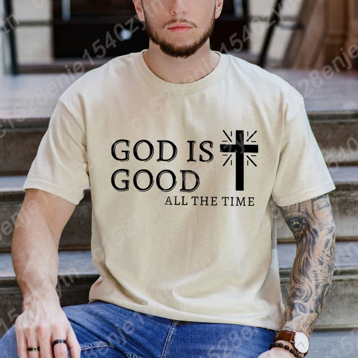 Men Casual Summer Cross & God Is Good All The Time - Graphic Printed Short Sleeve T-Shirt, Christian Quote Tees Tops