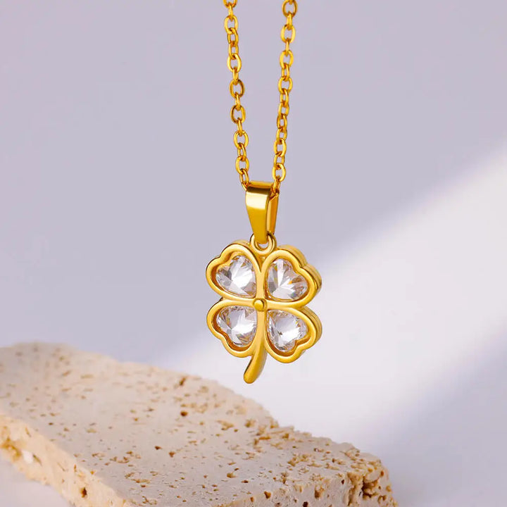 Women or Girls, Gold Four-Leaf Clover Pendant Necklace made of Stainless Steel and Zircon Stone