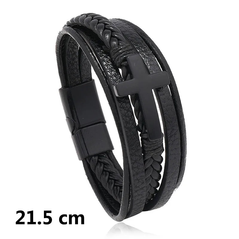 New Woven Leather Wrap Bracelet for Men with Jesus Cross Charm