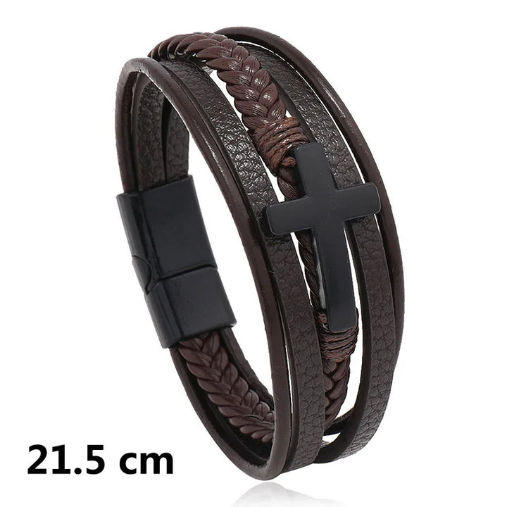 New Woven Leather Wrap Bracelet for Men with Jesus Cross Charm