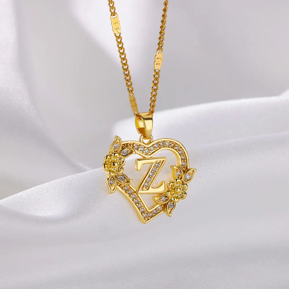 FREE - Valentines Gold & Jewels Initial Heart Flower Necklaces for Women, Daughters, Sisters, Girls, Friends