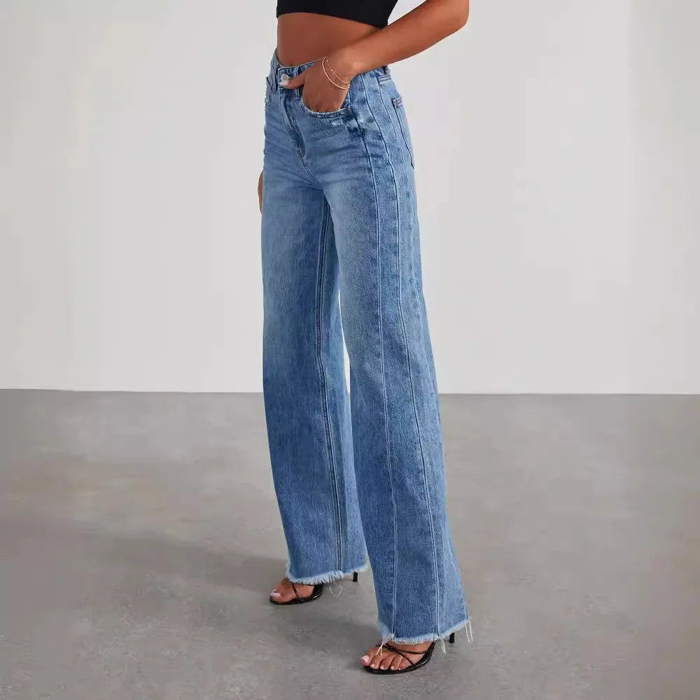 Women High Waist, Straight, Wide-Leg, Long, Casual Pants, Floor Length, Blue Denim Trousers