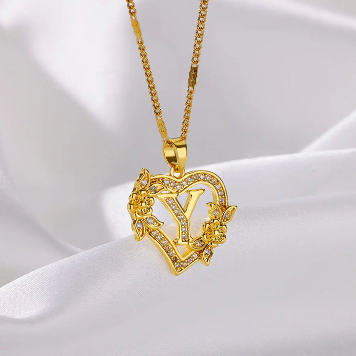 FREE - Valentines Gold & Jewels Initial Heart Flower Necklaces for Women, Daughters, Sisters, Girls, Friends