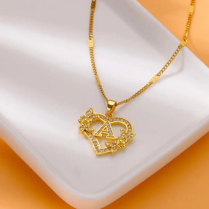 FREE - Valentines Gold & Jewels Initial Heart Flower Necklaces for Women, Daughters, Sisters, Girls, Friends