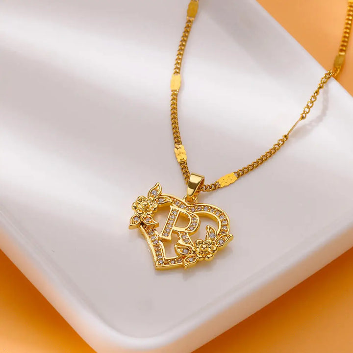 FREE - Valentines Gold & Jewels Initial Heart Flower Necklaces for Women, Daughters, Sisters, Girls, Friends