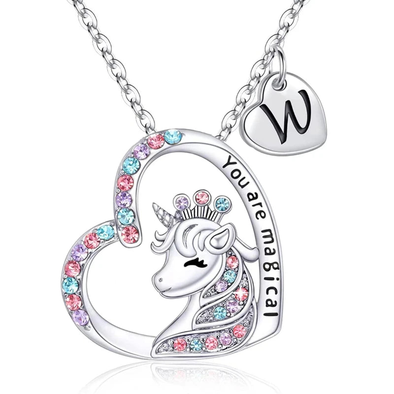 Girls Fashion Initial Letter Unicorn Necklace "You Are Magical" Unicorn Pendant