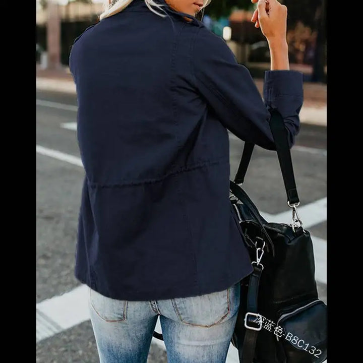 Women's Slim Fit Streetwear Jacket – Cotton Zip-Up with Spliced Snap Pockets, Turn-Down Collar