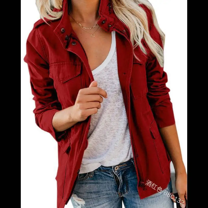 Women's Slim Fit Streetwear Jacket – Cotton Zip-Up with Spliced Snap Pockets, Turn-Down Collar