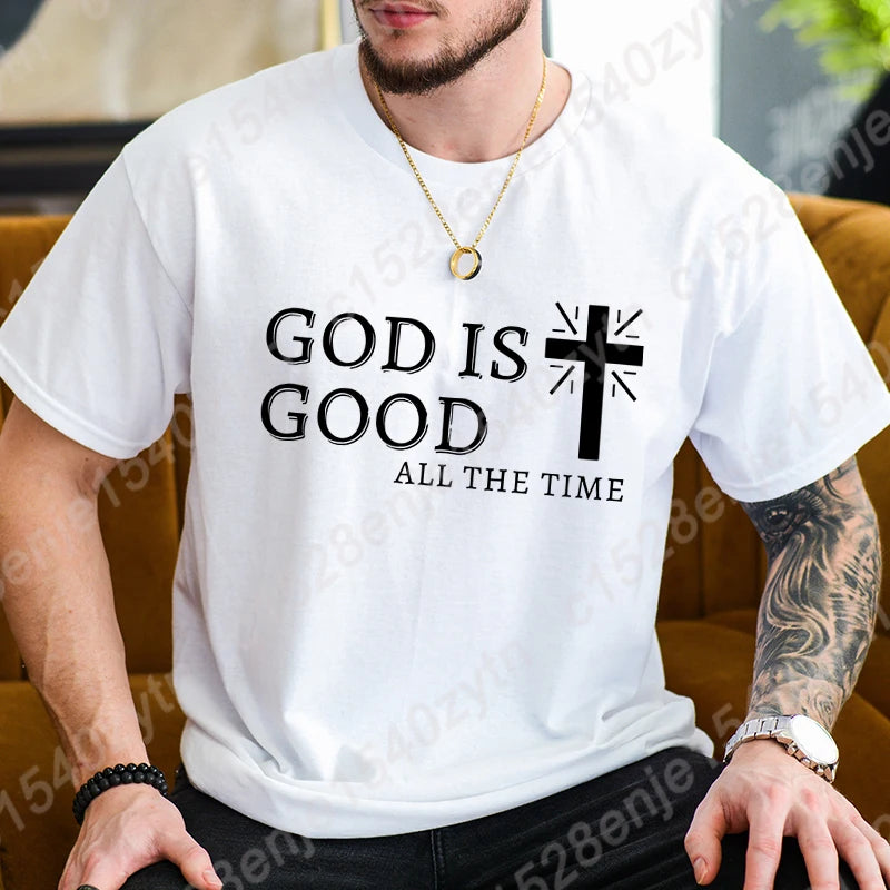 Men Casual Summer Cross & God Is Good All The Time - Graphic Printed Short Sleeve T-Shirt, Christian Quote Tees Tops