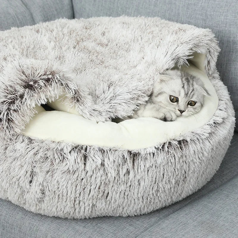 Plush Round Cushioned Nesting Pet Bed Cave for Cats or Small Dogs - 3 Sizes to Choose From