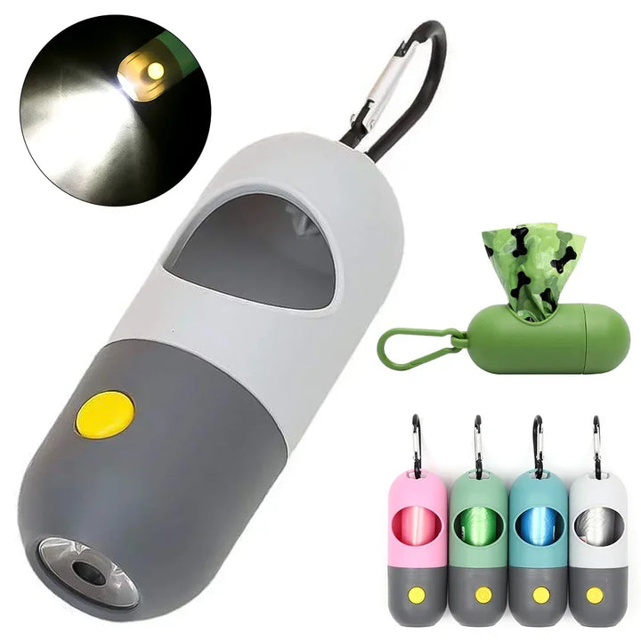 Dog Poop Bag Dispenser with Led Flashlight, Clip and One Roll of Degradable Waste Bags