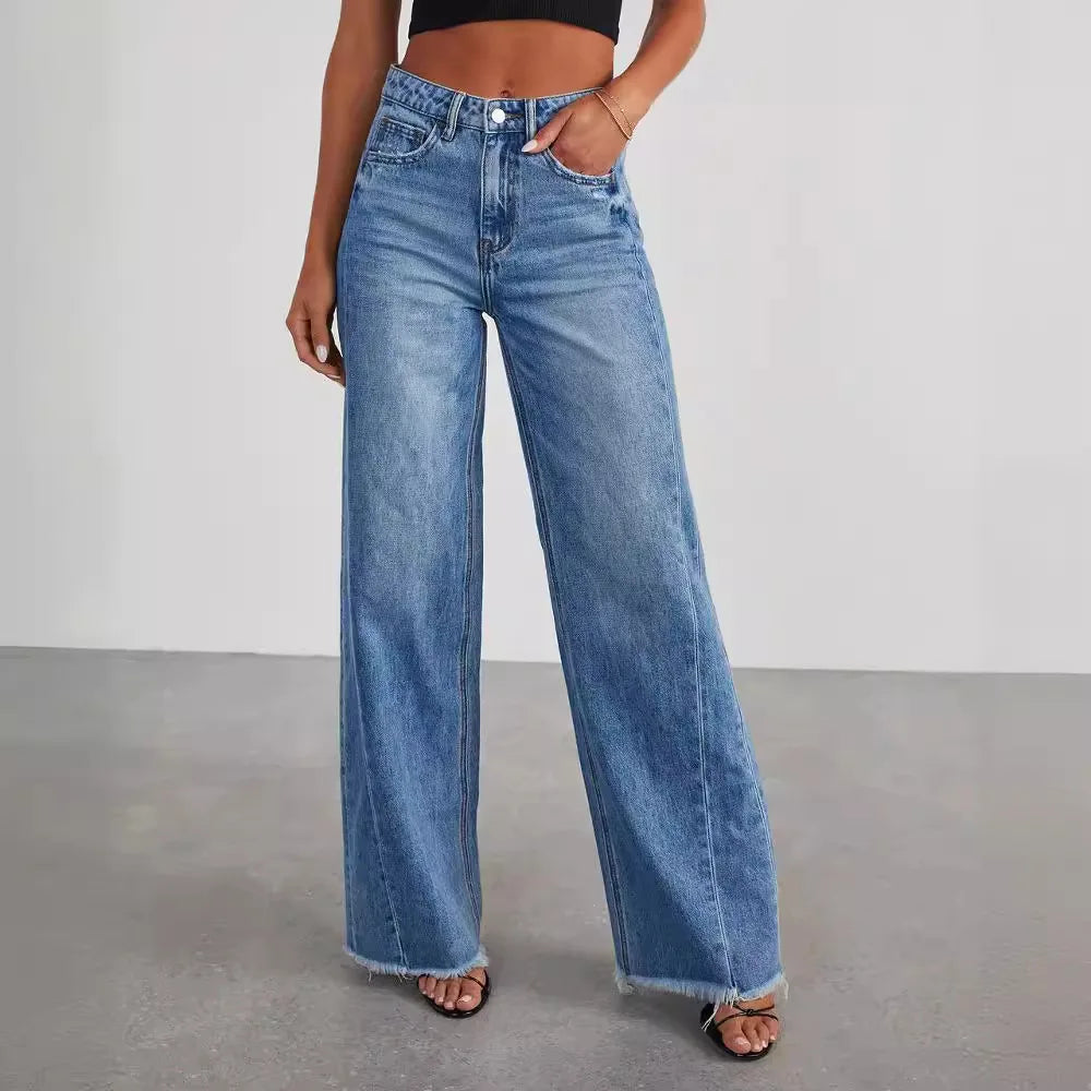 Women High Waist, Straight, Wide-Leg, Long, Casual Pants, Floor Length, Blue Denim Trousers