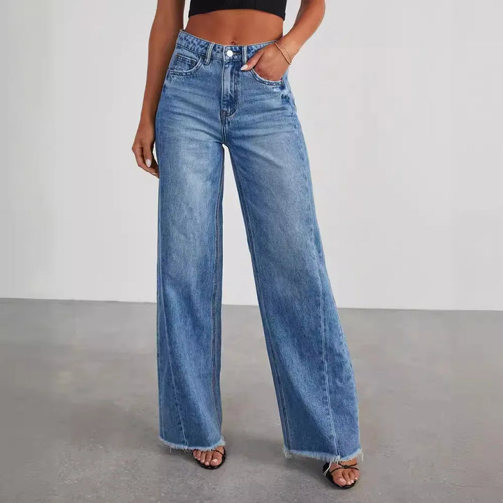 Women High Waist, Straight, Wide-Leg, Long, Casual Pants, Floor Length, Blue Denim Trousers