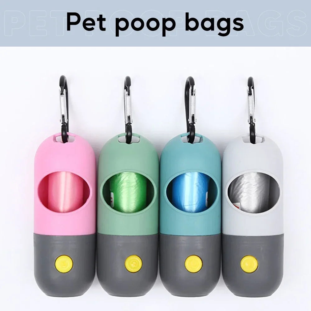 Dog Poop Bag Dispenser with Led Flashlight, Clip and One Roll of Degradable Waste Bags