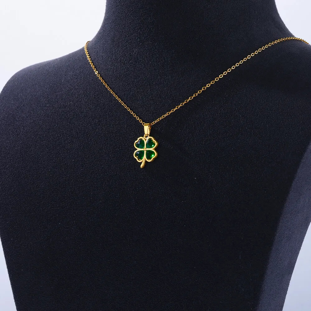 Women or Girls, Gold Four-Leaf Clover Pendant Necklace made of Stainless Steel and Zircon Stone