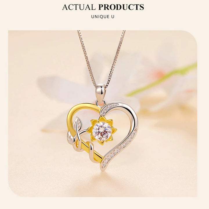 Sparkling 1.0CT Moissanite Diamond Valentine Heart Pendant Necklace – A Golden Flower of Love