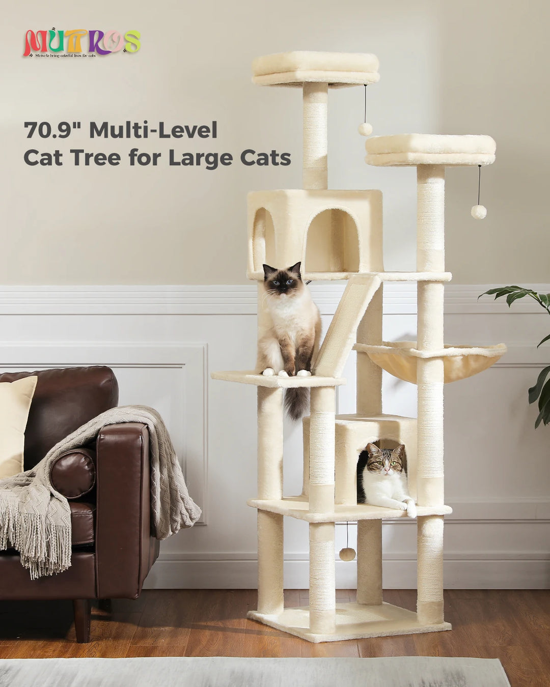 Tall Cat Tree Tower for Indoor Cats, Multi-Level Plush Cat Condo w/ Scratching Posts and Beds