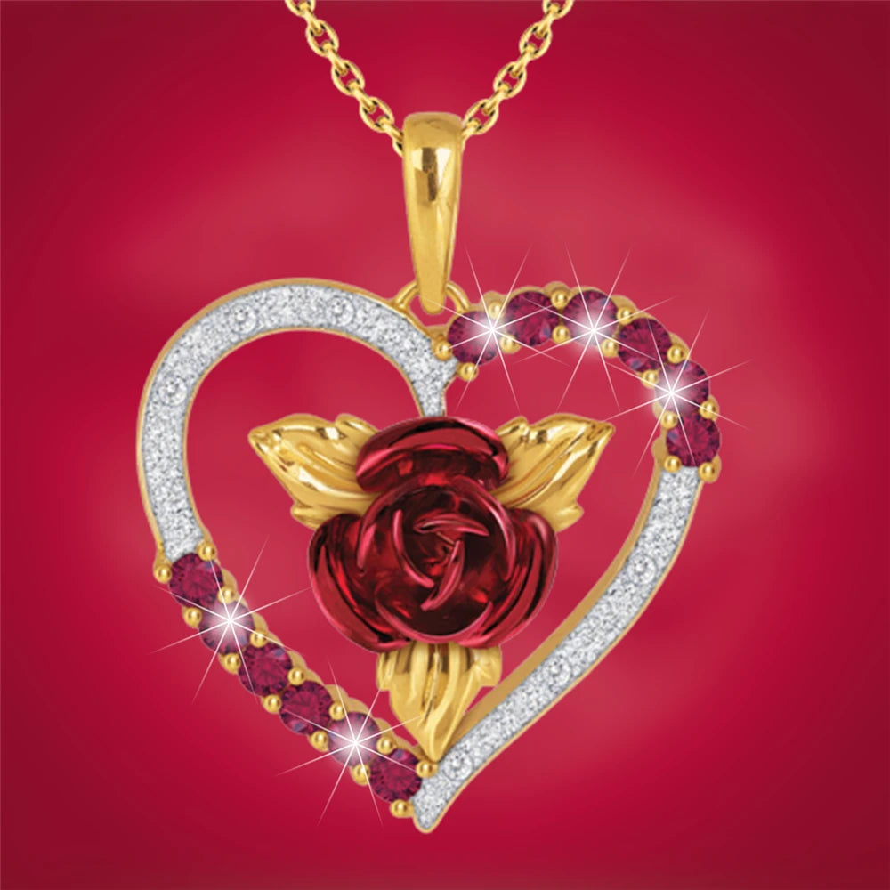 FREE-Stunning Valentine Ruby Red Heart Rose Pendant Necklace - The Red and White Rhinestones are Exquisite and will make for a Great Valentine's Day Gift