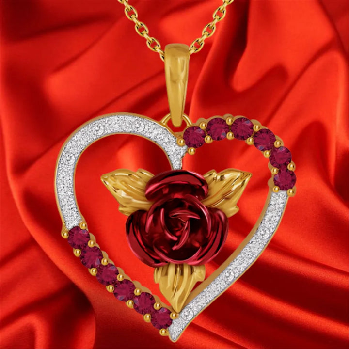 FREE-Stunning Valentine Ruby Red Heart Rose Pendant Necklace - The Red and White Rhinestones are Exquisite and will make for a Great Valentine's Day Gift